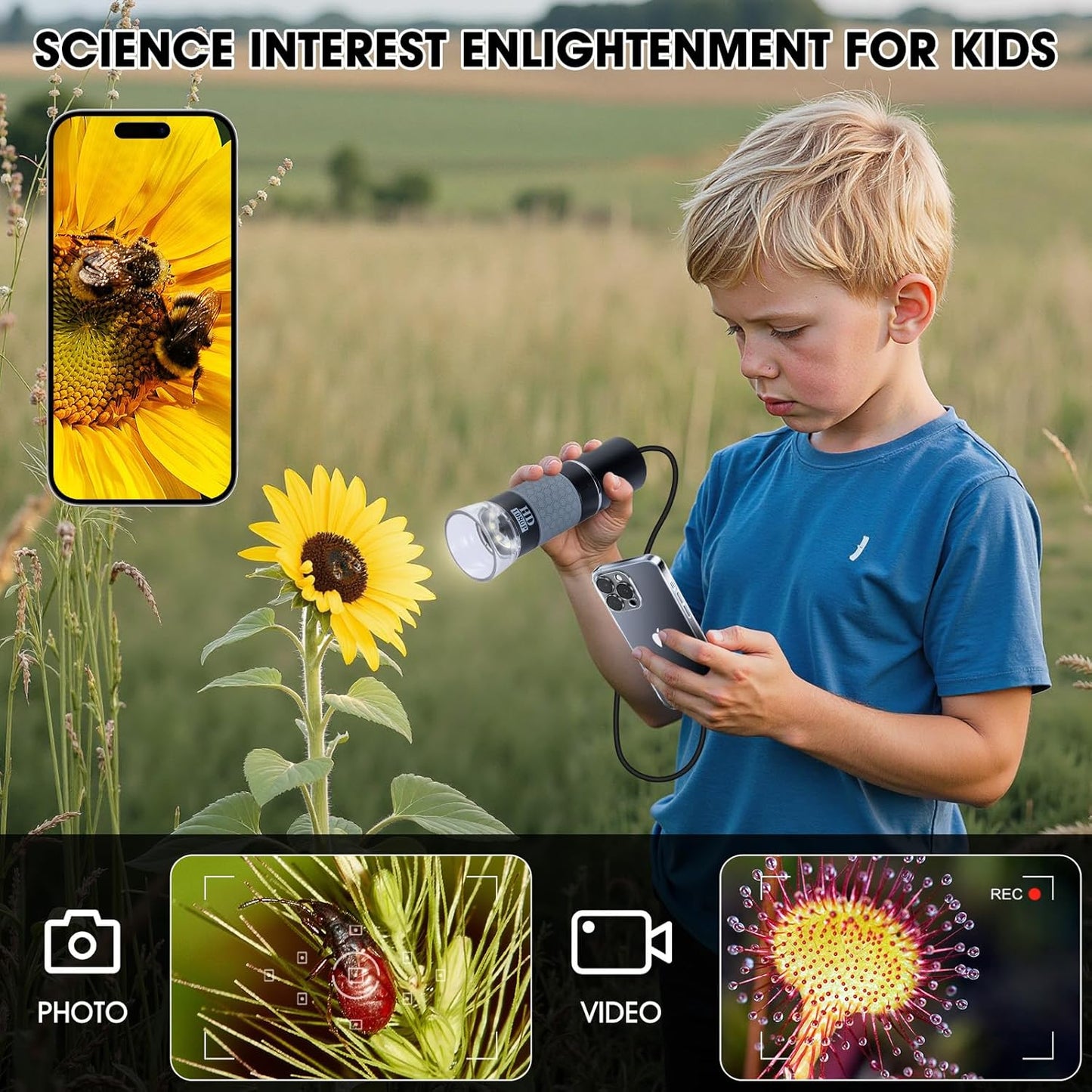 USB Microscope Compatible with iPhone Android Phone Tablet and Windows Mac PC, HD 1080P Wired Digital Microscope Camera for Adults and Kids