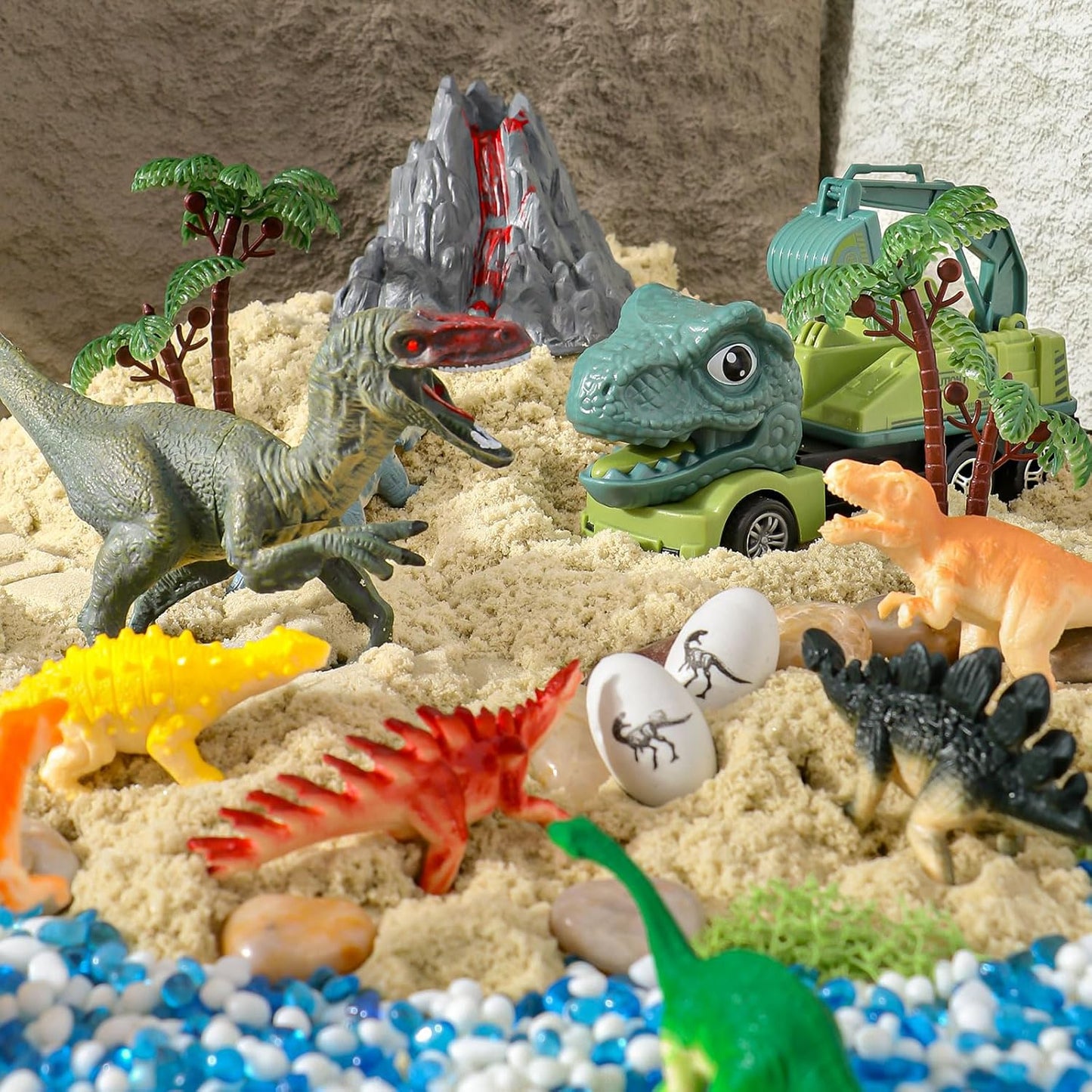 TUZT Dinosaur Sensory Bin & Play Sand Toy Kits for Toddlers Kids - 2lbs Magic Sand & Play Set, 10 Dino Molds & 7 Sand Models with Truck, Christmas Birthday Sandbox Gift for Boys Girls 3+ Years Old