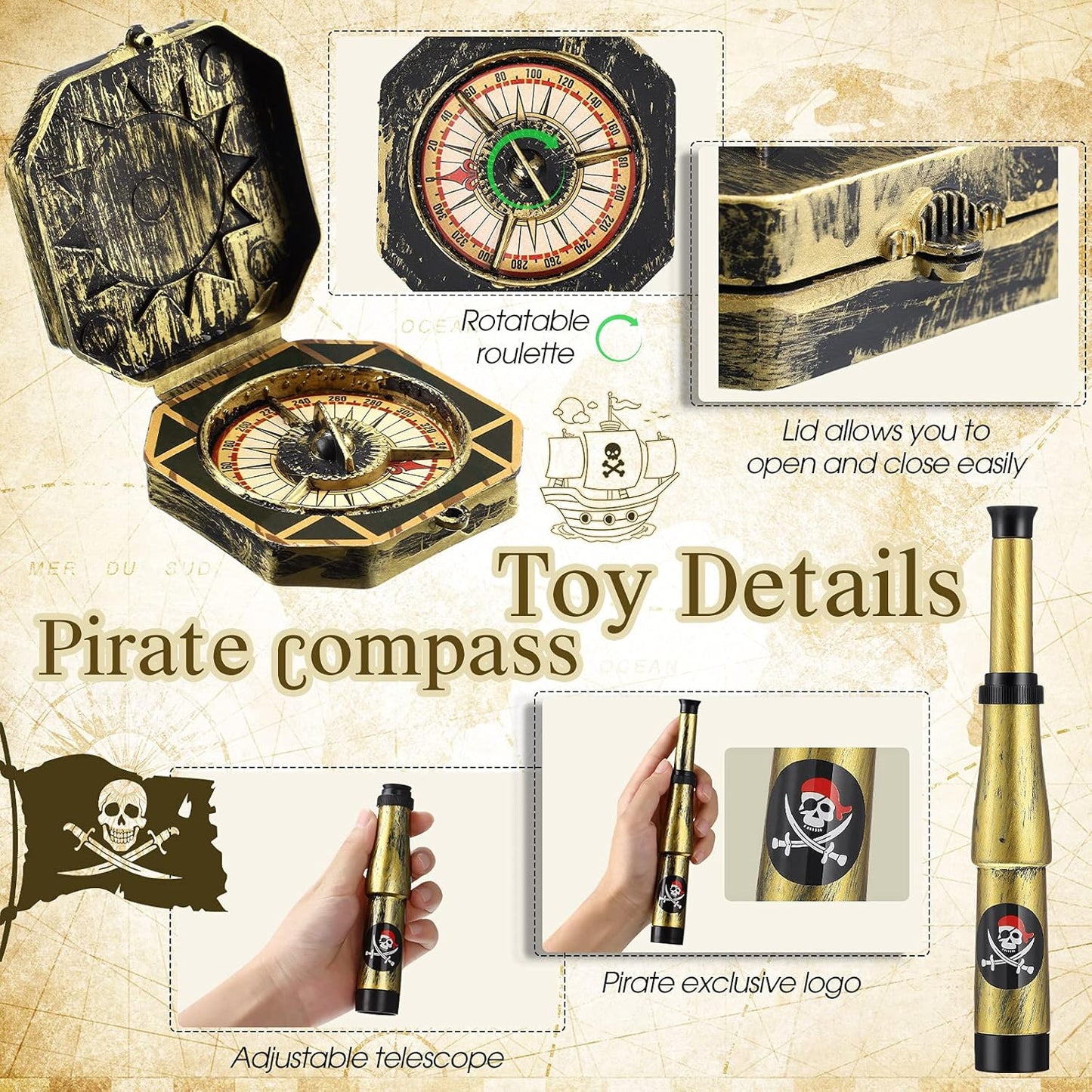 Gejoy 2 Pcs Pirate Accessories Set for Kids Mini Telescope and Compass Toy for Party Halloween Cosplay Antique Retro Plastic Pirate Party Supply Accessory Decor