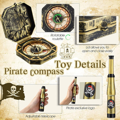 Gejoy 2 Pcs Pirate Accessories Set for Kids Mini Telescope and Compass Toy for Party Halloween Cosplay Antique Retro Plastic Pirate Party Supply Accessory Decor