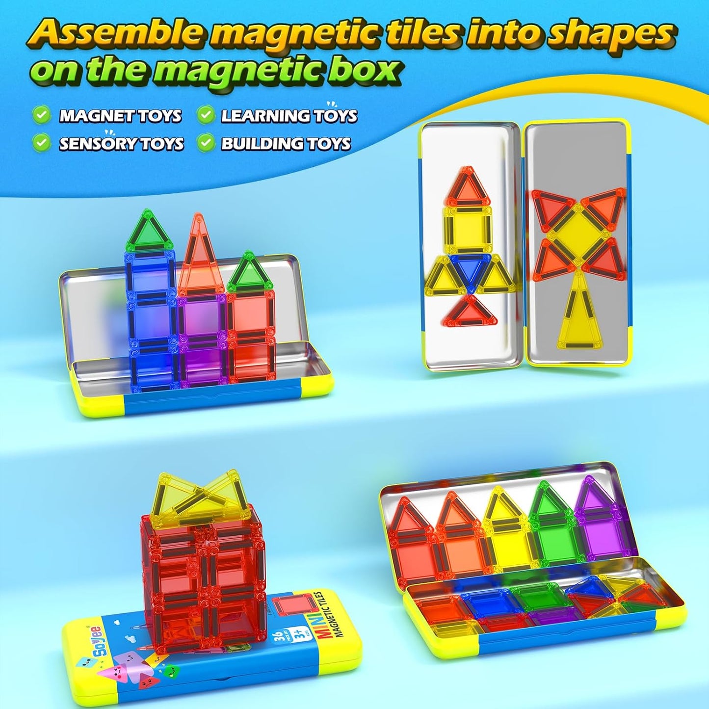 Soyee Magnetic Tiles Toddler Toys Travel Essential Games Magnet Building Blocks STEM Sensory Educational Toys for 3 4 5 6 7 8+ Year Old Boys Girls Christmas Birthday Gifts