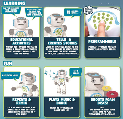LEXiBOOK, Powerman Neo, My Robot Full of Technology, Remote Control and Gesture Control, Educational Activities in English, Programmable, Music and Dance, Sound and Light Effects, Blue/White, ROB18EN