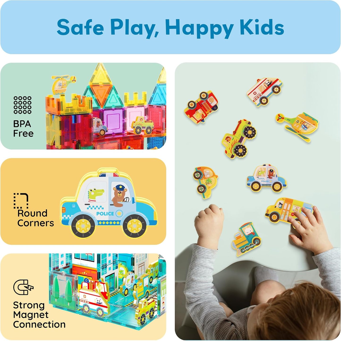 PicassoTiles Magnetic Tile Building Blocks Add On 8 Magnetized Action Figures Construction Vehicles & Zoo Animal Theme Compatible with Magnet Tiles Sets STEM Learning Toy for Boys & Girls Age 3+ PTA21