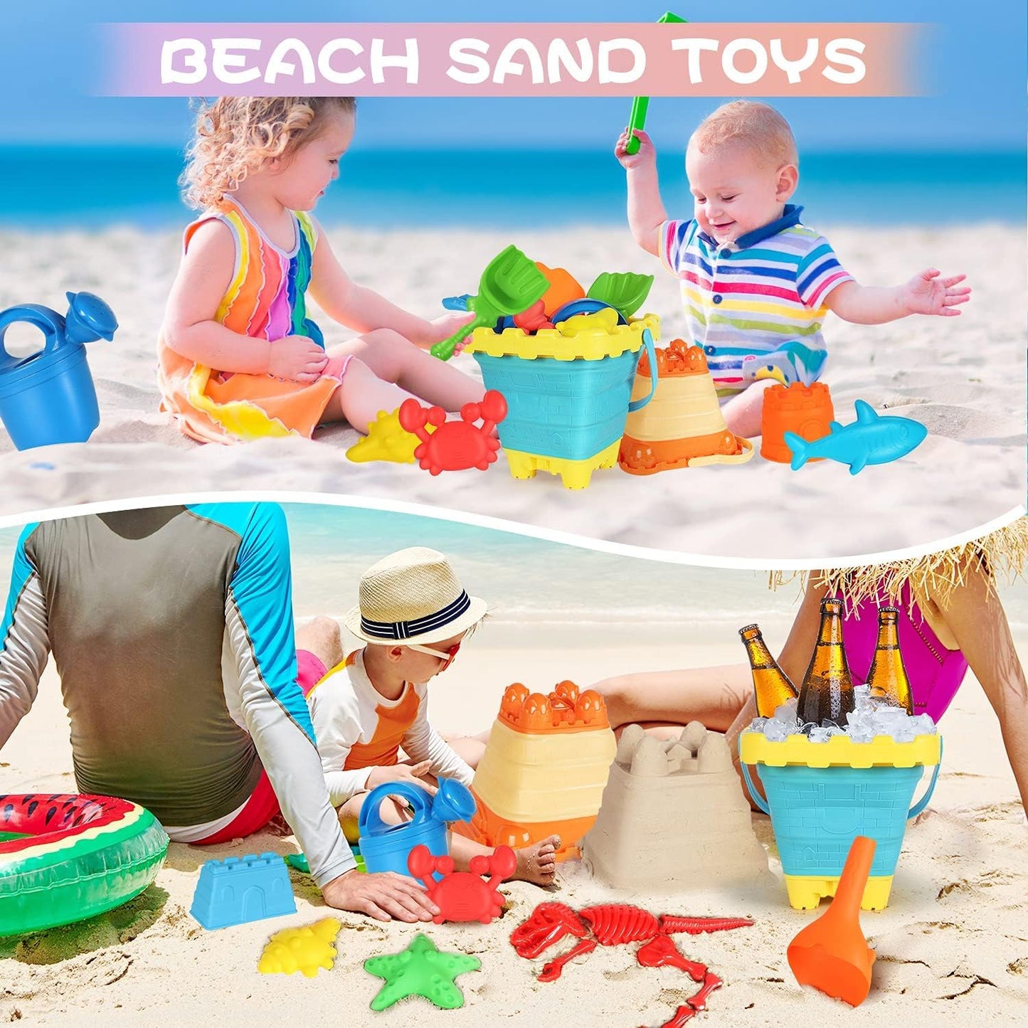 Elovien Beach Sand Toys, Large Dump Truck with Bucket, Sandbox Construction Toy Sand Castle Building Kit with Mesh Bag, Sand Molds, Shovels, Worker Figures, Kids Toddlers Summer Outdoor Travel Toys