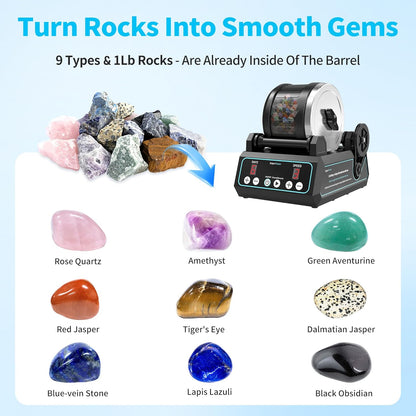 K1 Rock Tumbler Kit – Reliable Rotary Rock Polisher for Adults, Beginners & Hobbyists, 2.5LB Quiet Rubber Barrel with 3 Speeds, 9-Day Timer & Memory Function, Full Accessories Included, Ideal Gift
