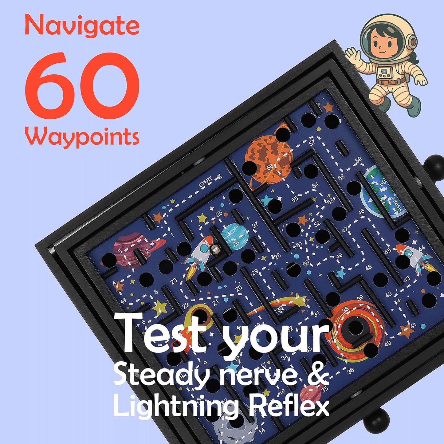 STERLING Wooden Labyrinth Marble Maze Game, Large 12.75" x 11.5" Tilt Maze Game Board with 60 Waypoints and Marble Balls Included, for Kids and Adults 6 Years and Up