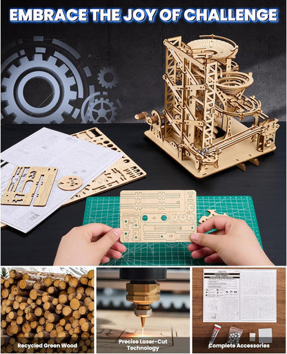 3D Wooden Puzzles for Adults: 371pcs Wood Mechanical Marble Run Model Kits with Roller Coaster Building Set for Adults - 3D Brian Teaser Desk Toys Wooden Puzzles for Men Women Hobbies Gifts