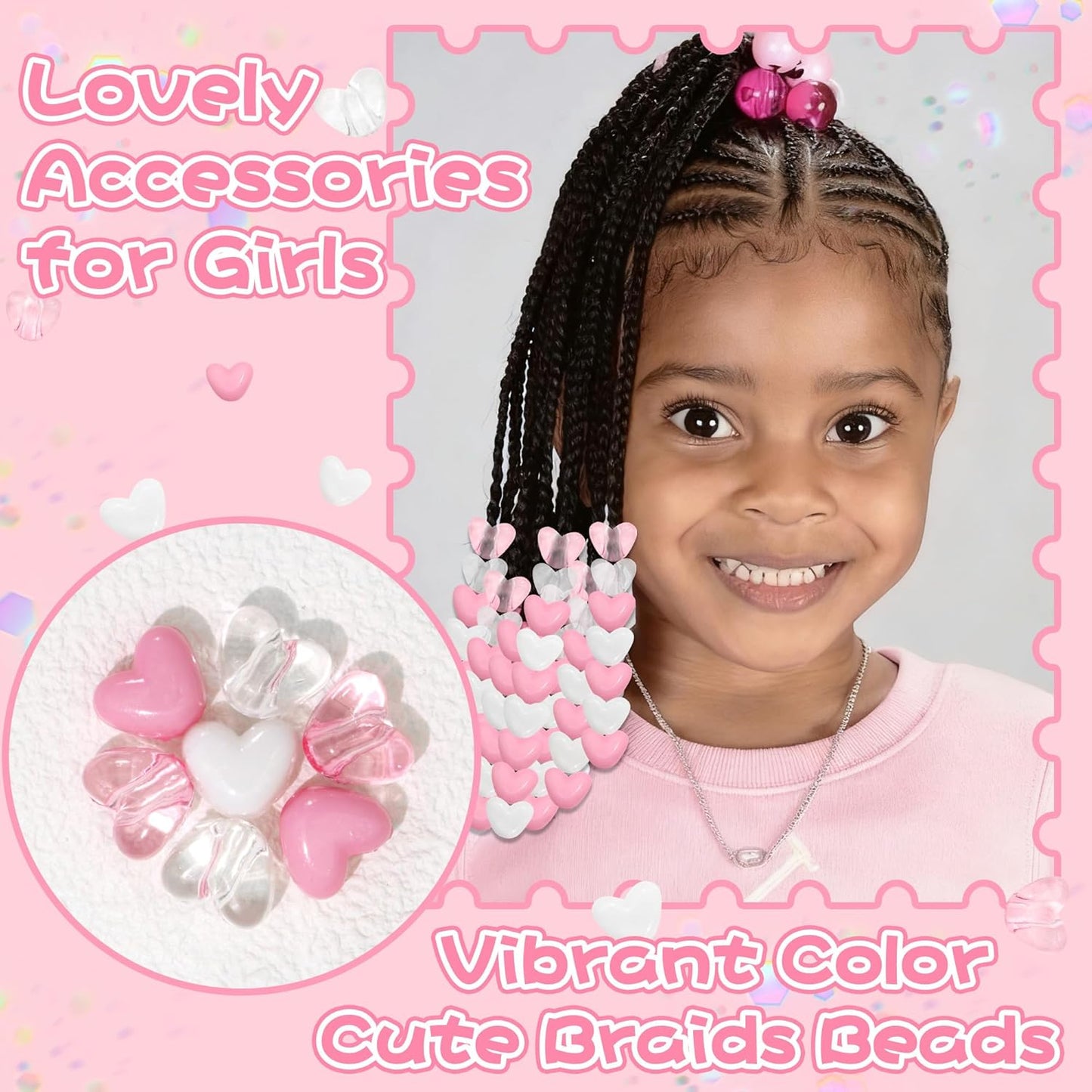 88PCS Pink White Hair Beads for Braids Lovely Heart Shape Loc Dreadlock Valentine's Day Bead Accessories Cute Acrylic Small Pony Beads for Kids Girls
