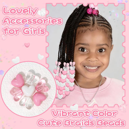 88PCS Pink White Hair Beads for Braids Lovely Heart Shape Loc Dreadlock Valentine's Day Bead Accessories Cute Acrylic Small Pony Beads for Kids Girls
