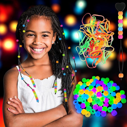 SEVENKA 100 Small Silicone Hair Beads Glow in Dark, 5mm Colorful Soft Micro Silicone Hair Beads for Girls Braids, 2 Plastic Quick Beaders for Hair Braids, 50 Elastic Rubber Bands
