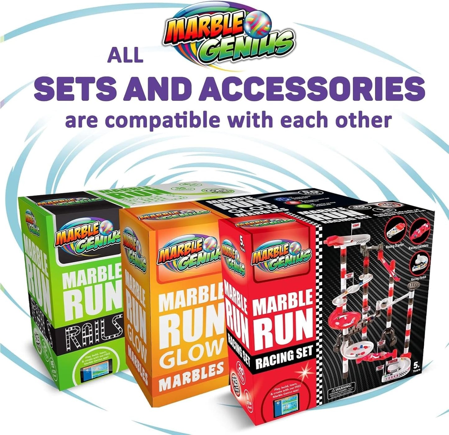 Marble Genius Marble Rails Starter Set, 200 Piece Marble Run for Kids 8+ (30 Marbles, 30 Rail Pieces, 12 Base Pieces & More), STEM, Full-Color Instructions, Great for Kids & Teens