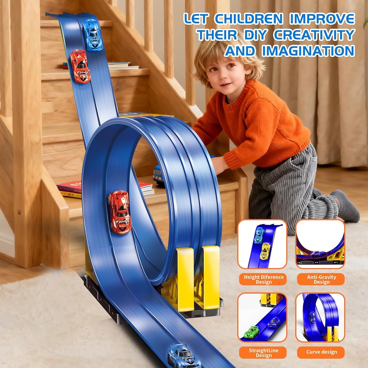 16.5ft Build Anywhere Portable Race Track with Suction Cups - Flexible Roll-Up Design Fits 1/64 Scale Cars, Portable Toy Gift for Kids 4+ Year Old (3 Tracks/Red)