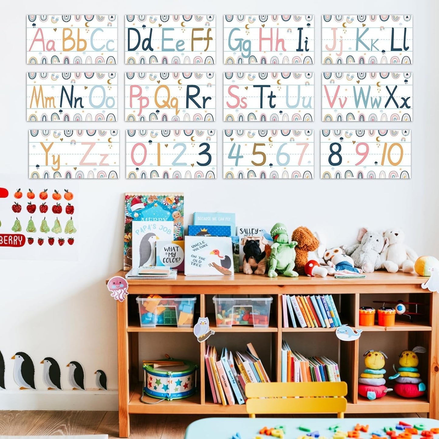 gisgfim 12 Pieces Alphabet Bulletin Board Strips Set Boho Rainbow Alphabet Line ABC Alphabet Banner & Number Border Posters for Preschool Kindergarten Classroom Playroom Bedroom (Boho)