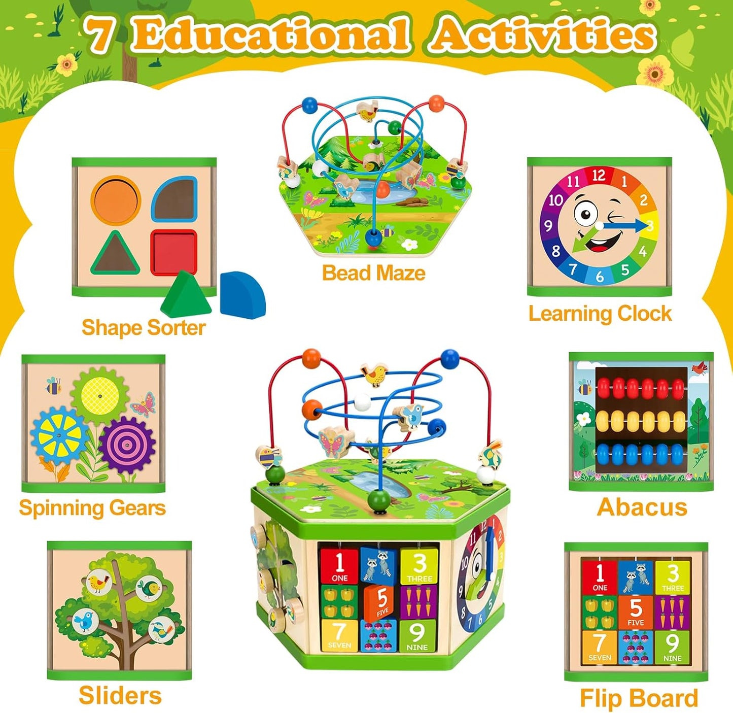 Wooden Activity Cube for 1 Year old, 12-18 Month Boys & Girls, 7-in-1 STEM Montessori Early Developmental Learning Toys for Kids Aged 1-2, Ideal 1st Birthday Gift Toys for Baby, Toddlers (Green)