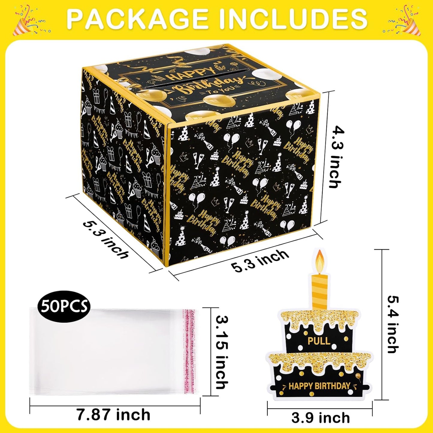 Birthday Money Box for Cash Gift Pull, Surprise Gift Boxes for Money, Money Holder Box with Pull Out Happy Birthday Card and 50Pcs Transparent Bags, Money Gift Ideas for Kids and Adults