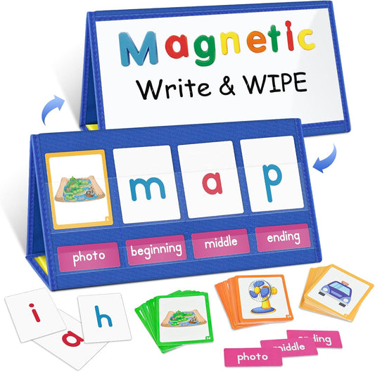 EAMAY CVC Word Building Desktop Pocket Chart Stand with Magnetic Write & Wipe Boards Tent & Cards Kit,Reading Spelling Phonics Games for Kids, Kindergarten Classroom Must Haves!