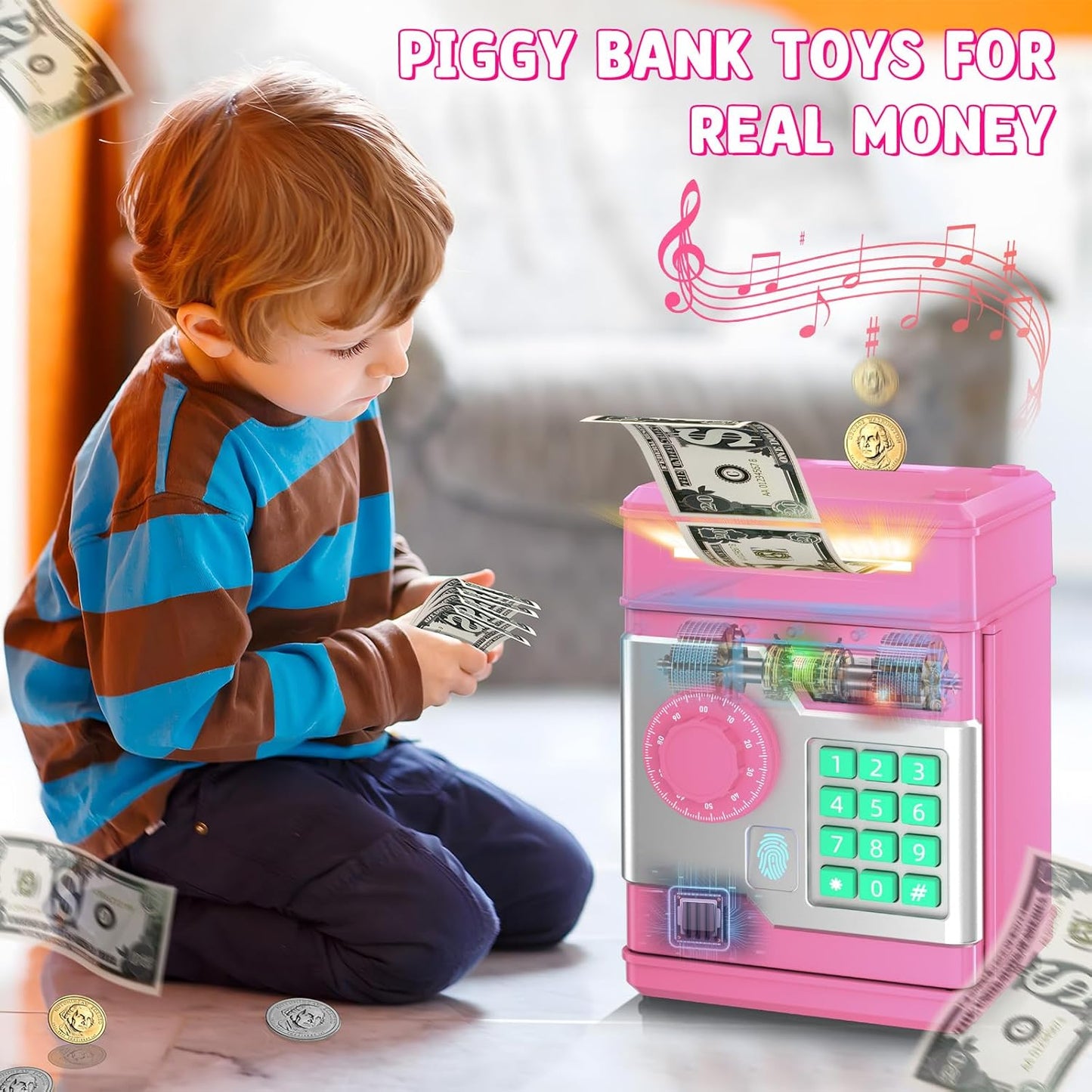 Piggy Bank, Automatic Electronic Piggy Bank for Kids Boys Girls with Password and Fingerprint Unlocking Simulation, Money Bank Kids Safe Toys for 3 4 5 6 7 8 9 10 Year Old Boy Girl (Black)