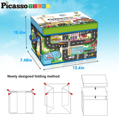 PicassoTiles Foldable Toy Storage Chest Box Forest Animal Theme Magnet Tile Organization Bin with Lid and Handles Magnetic Tiles Playroom Organizer STEM Early Educational Toys Boys Girls Ages 3+ PTA34