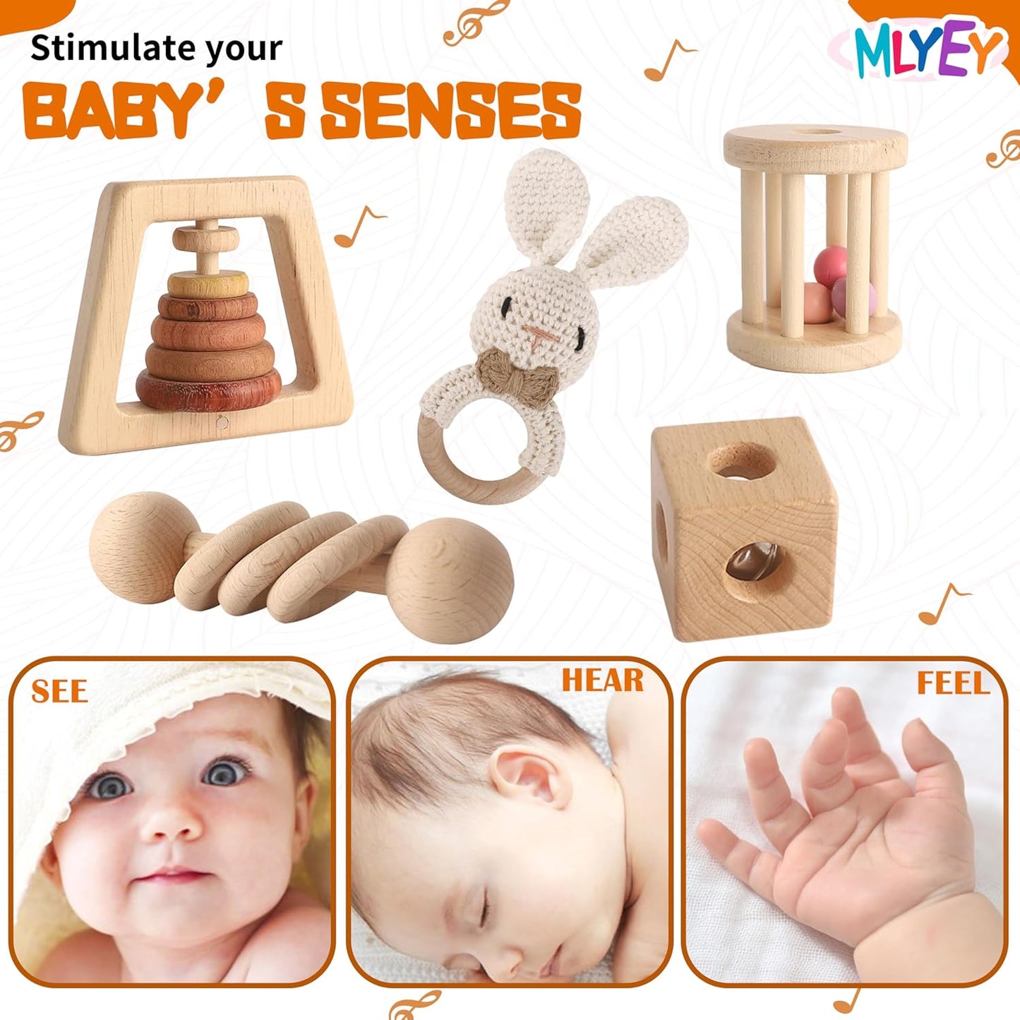 Wooden Rattles for Baby, 7PCS Wooden Montessori Toys for 7-24 Months Baby Boy Girl, Natural Beech Wood Grasping Toy, Gift for Babies