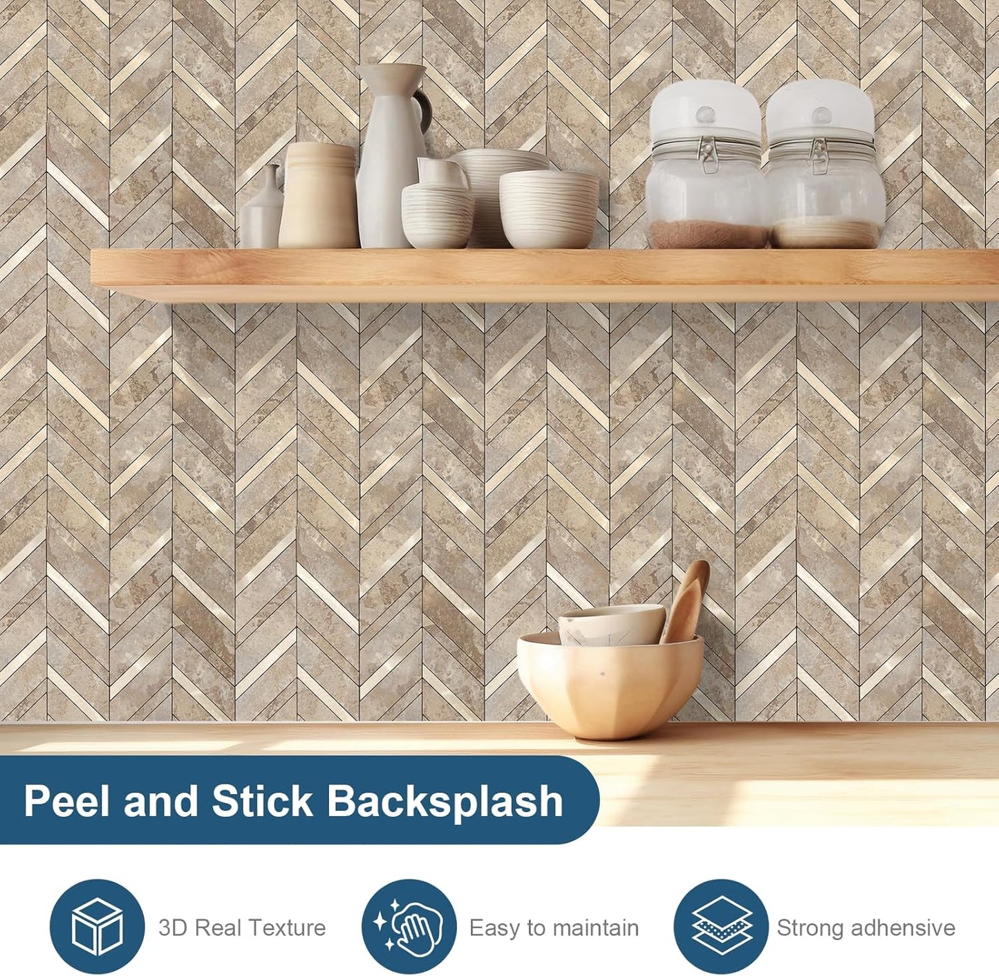 Yipscazo 10 Sheets Herringbone Backsplash Peel and Stick Tile, Marble Calacata Mixed Metal Gold PVC Stick on Backsplash for Kitchen, Waterproof Self Adhesive Wall Tile for Bathroom