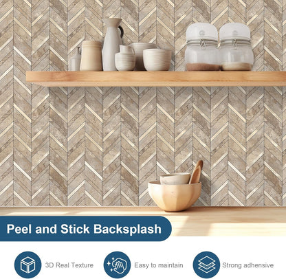 Yipscazo 10 Sheets Herringbone Backsplash Peel and Stick Tile, Marble Calacata Mixed Metal Gold PVC Stick on Backsplash for Kitchen, Waterproof Self Adhesive Wall Tile for Bathroom