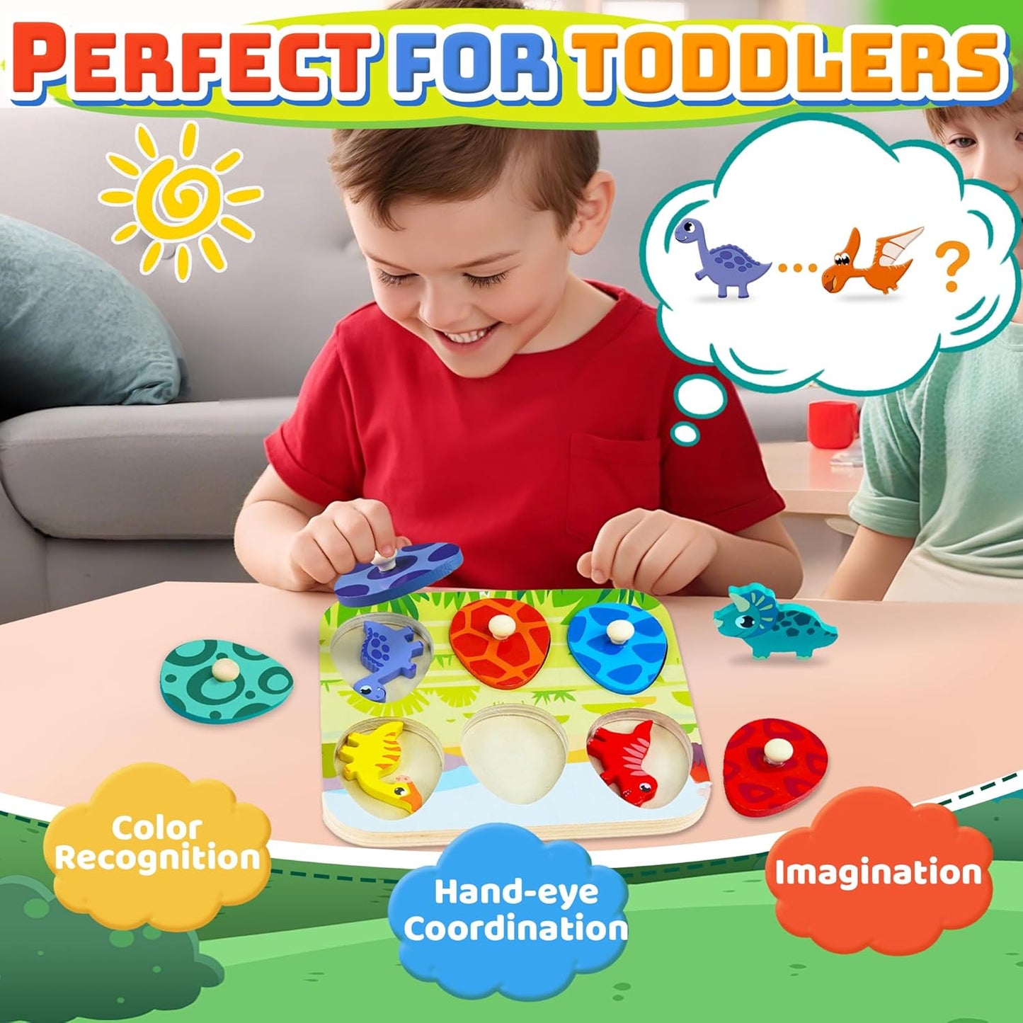 Dinosaur Wooden Puzzles for Toddlers 1-3 Year Old, Matching Eggs Peg Puzzle Gifts for Babies Fine Motor Skill Montessori Toys for Baby 12-18 Months Boys Girls Valentine Gift Easter Basket Stuffer Gift
