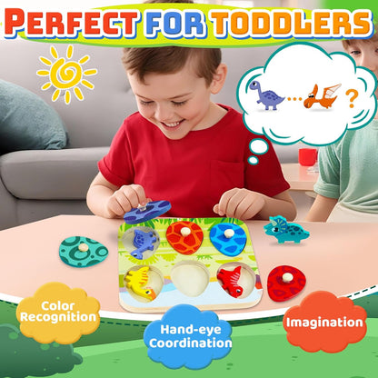 Dinosaur Wooden Puzzles for Toddlers 1-3 Year Old, Matching Eggs Peg Puzzle Gifts for Babies Fine Motor Skill Montessori Toys for Baby 12-18 Months Boys Girls Valentine Gift Easter Basket Stuffer Gift