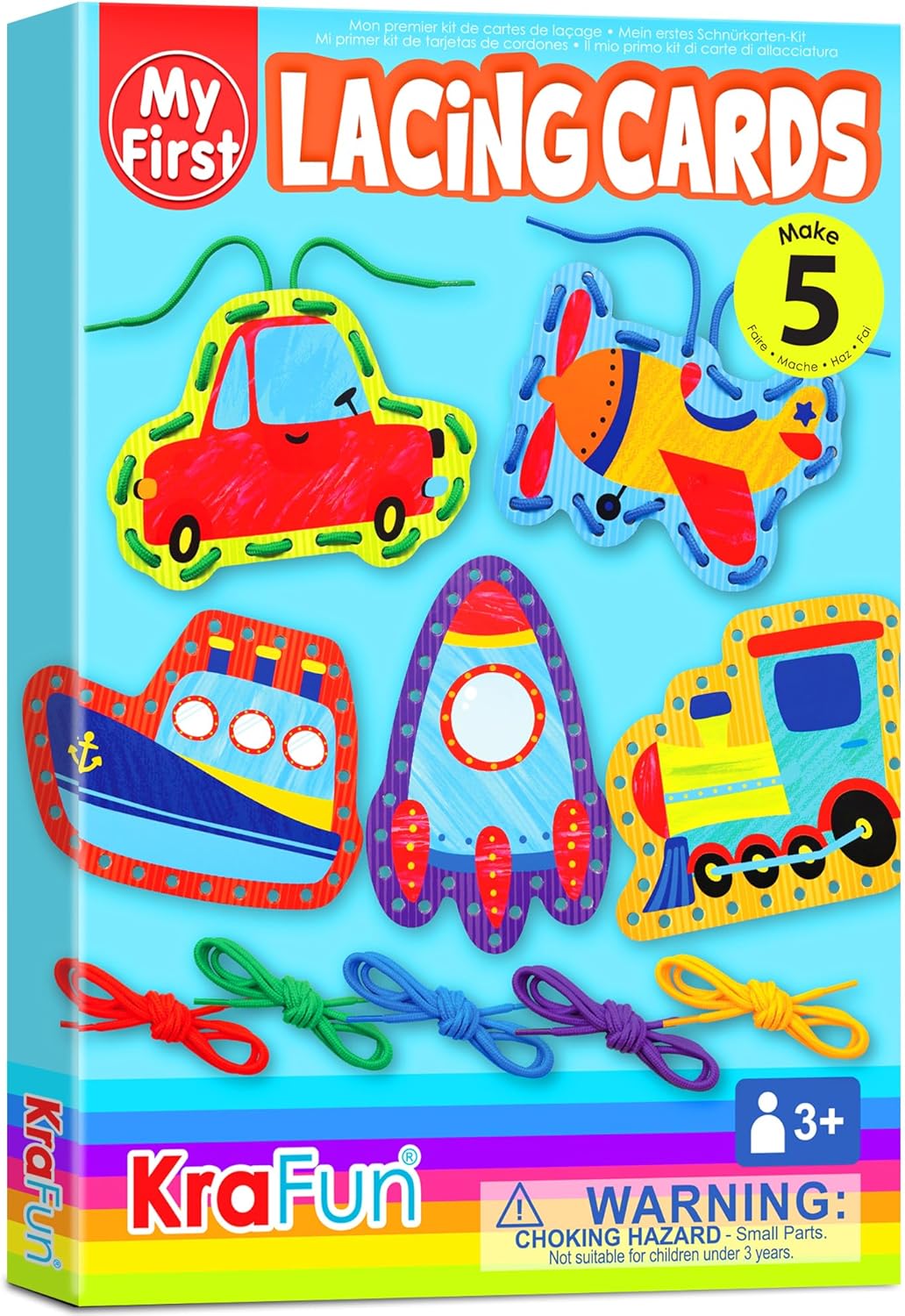 KRAFUN My First Lacing Cards Kit for Toddlers & Kids Age 3+, 10 Safari Animal Arts & Crafts Projects, Fine Motor Skills Toys with Lion Monkey Elephant Tiger Giraffe Hippo Zebra Bear