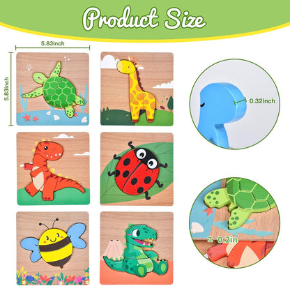 6 Pack Wooden Puzzles for Toddlers 1-3, Montessori Puzzles for 2-4 Year Old, Animal Shape Toddler Puzzles Montessori Toy Baby Learning Preschool Educational Toys Gift