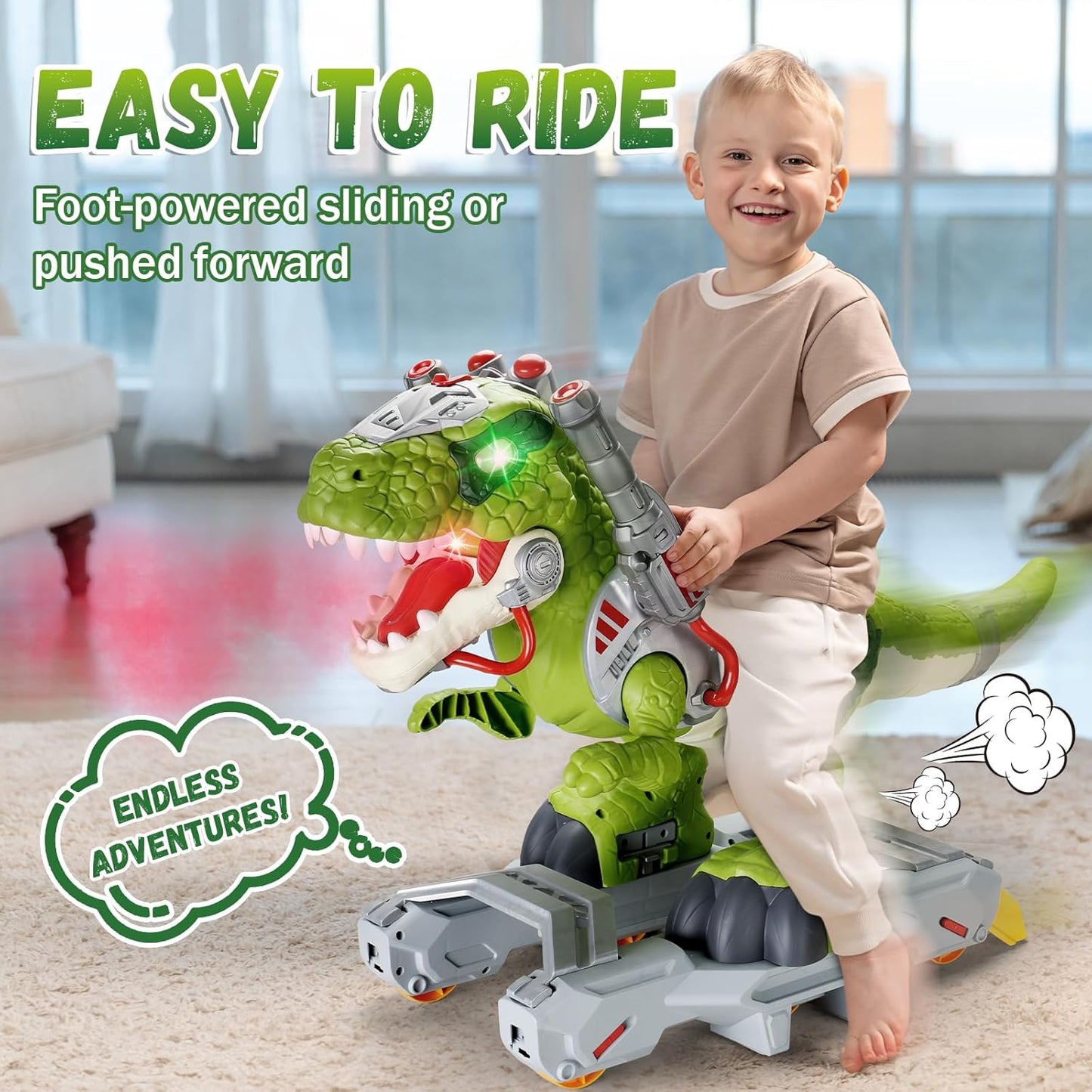 Kids Electric Dinosaur Ride On Toys, Toddler Ride On Cars with Music, Light & Smoke, Preschool Kids Scooter Foot-to-Floor Walker, Toddler Electric Car Toy Chrismas Birthday Gifts Indoor Outdoor,Yellow