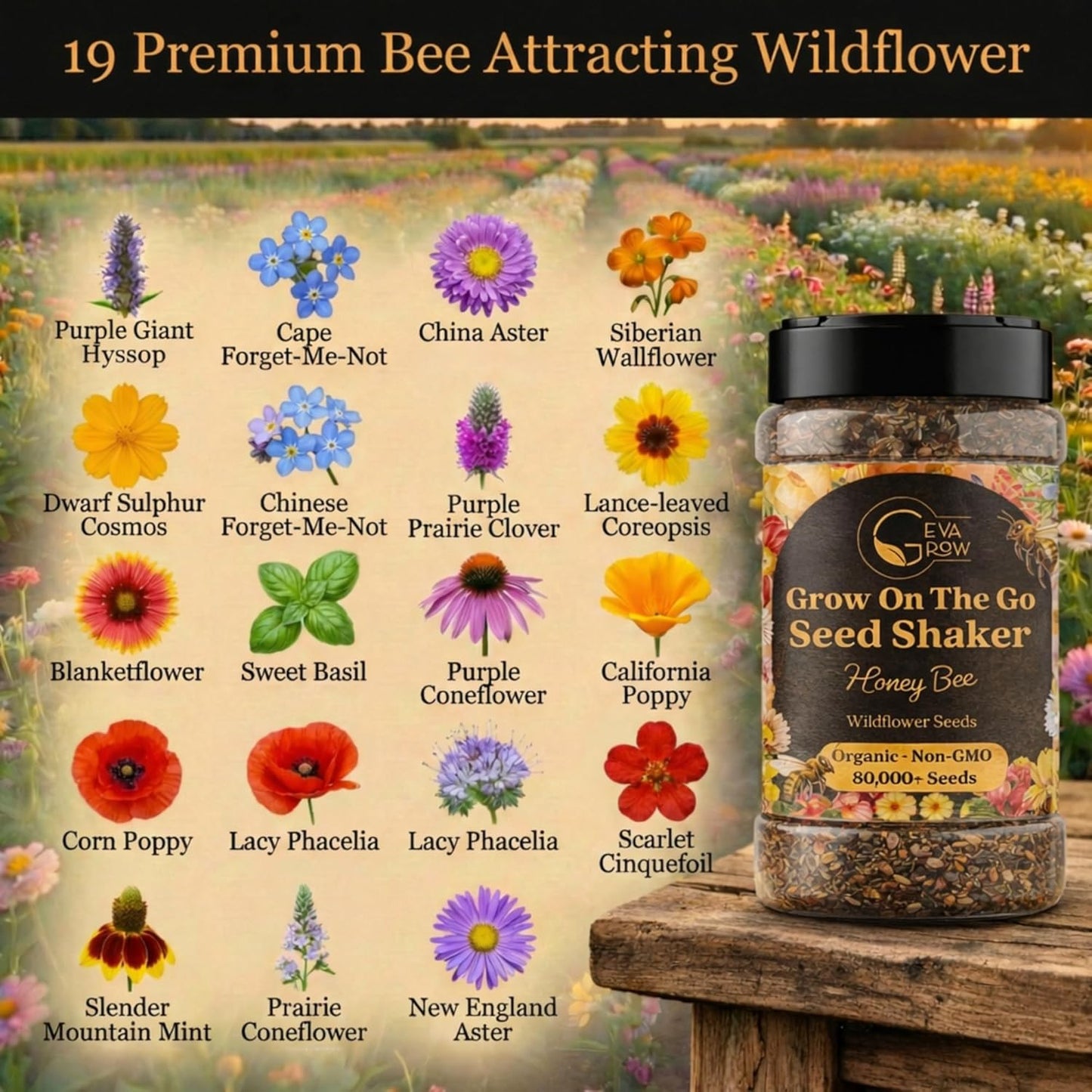 Mini Wildflower Seed Shaker - Save The Bees Seed Mix, by GevaGrow | 80,000+ Seeds | Pollinator & Bee Attracting Flower Seeds Bulk for Planting in Pots & Outdoor Gardens | 2 Ounce