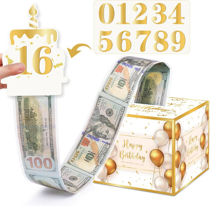 Birthday Money Box for Cash Gift Pull, Surprise Gift Boxes for Money, Money Holder Box with Pull Out Happy Birthday Card and 50Pcs Transparent Bags, Money Gift Ideas for Kids and Adults