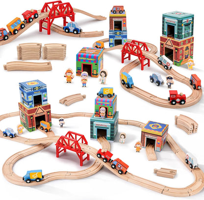 Wooden Train Set for Kids 3-7, Wood Train Tracks Complete Town Railway Playset with Matching Figures, Vehicles, Stacking and Nesting Blocks, Sorting & Stacking Toys Gifts for Boys Girls