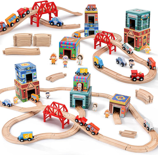 Wooden Train Set for Kids 3-7, Wood Train Tracks Complete Town Railway Playset with Matching Figures, Vehicles, Stacking and Nesting Blocks, Sorting & Stacking Toys Gifts for Boys Girls