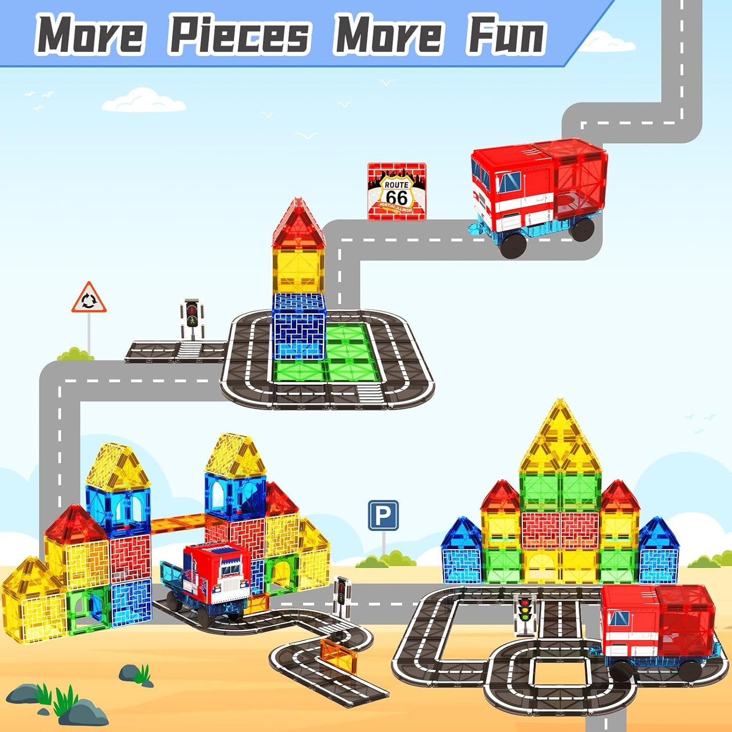Magnetic Tiles, Magnetic Blocks Engineering Construction Vehicle Road Set, Toddler Toys for 3 4 5 Year Old Boys Girls Montessori Preschool Classroom Must Haves STEM Educational Kids Toys Birthday Gift