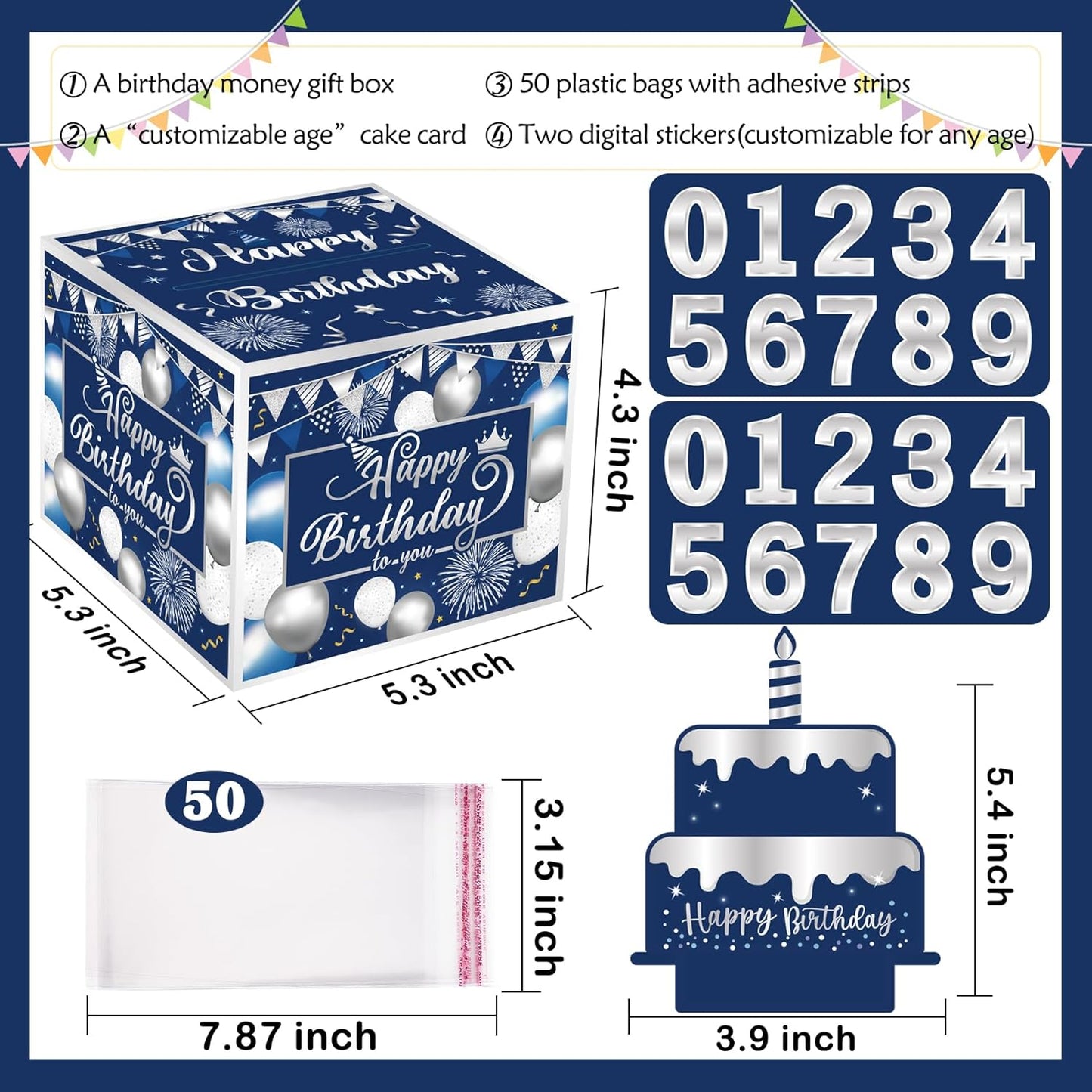 Birthday Money Box for Cash Gift Pull, Surprise Gift Boxes for Money, Money Holder Box with Pull Out Happy Birthday Card and 50Pcs Transparent Bags, Money Gift Ideas for Kids and Adults