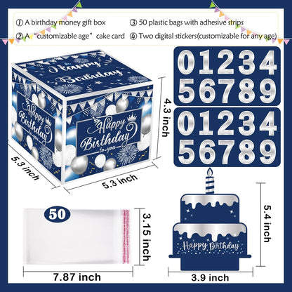 Birthday Money Box for Cash Gift Pull, Surprise Gift Boxes for Money, Money Holder Box with Pull Out Happy Birthday Card and 50Pcs Transparent Bags, Money Gift Ideas for Kids and Adults