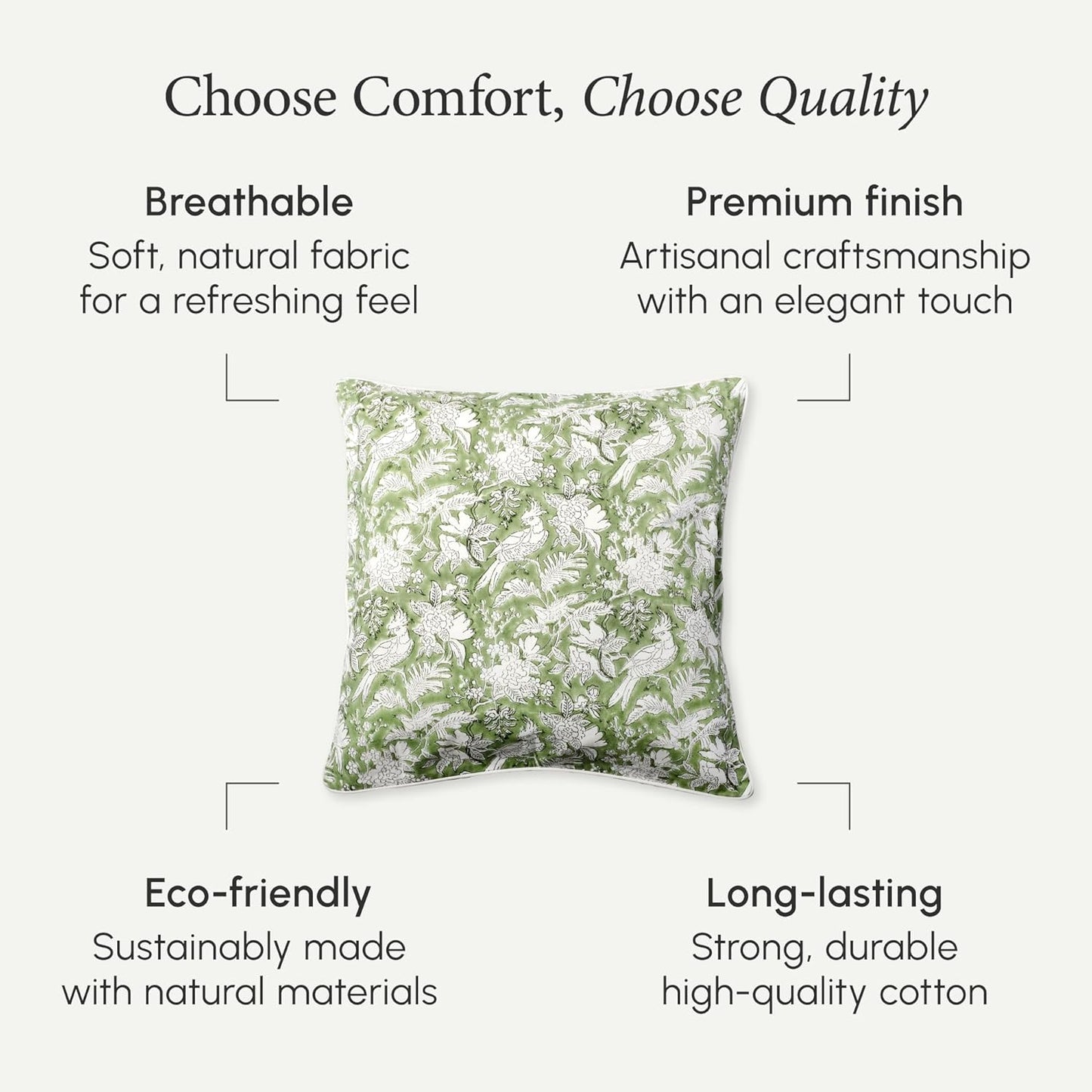CPC 100% Cotton Throw Pillow Covers 18x18 Inch, Set of 2 Green Block Print Pattern Couch Pillow, Cute Boho Decorative Pillows for Living Room, Bedroom with Hidden Zipper- Agate Green