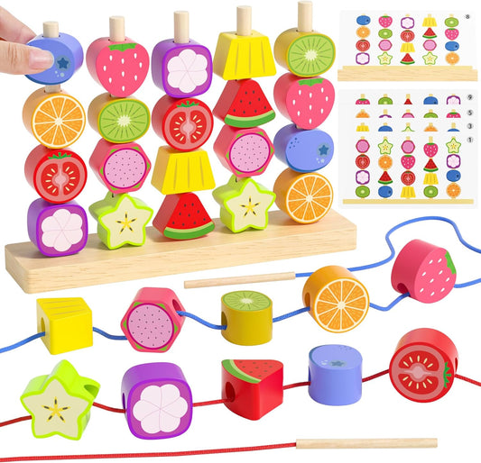 Melofaver Montessori Toys for 3 4 5 Year Old, Wooden Fruit Toddler Stacking Toys, Stacking Blocks & Lacing Beads & Shape Sorter Toy for Toddler, STEM Preschool Learning Toys for Kids Boys Girls