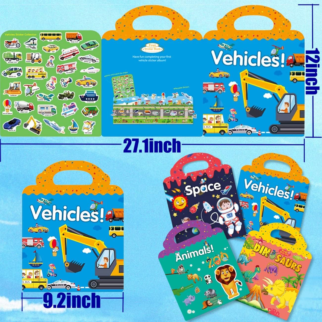 RUSON Reusable Sticker Book for Kids, 2 Sets Educational Learning Toys Travel Stickers Activity Books for Toddler Girls Boys Age 3+ Birthday Gifts - Vehicle & Dinosaur