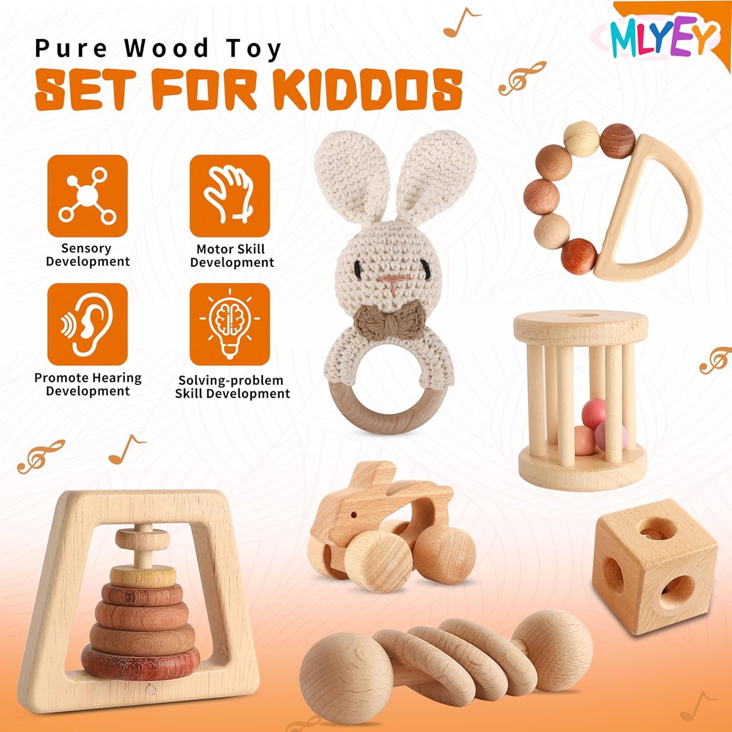 Wooden Rattles for Baby, 7PCS Wooden Montessori Toys for 7-24 Months Baby Boy Girl, Natural Beech Wood Grasping Toy, Gift for Babies
