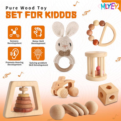 Wooden Rattles for Baby, 7PCS Wooden Montessori Toys for 7-24 Months Baby Boy Girl, Natural Beech Wood Grasping Toy, Gift for Babies