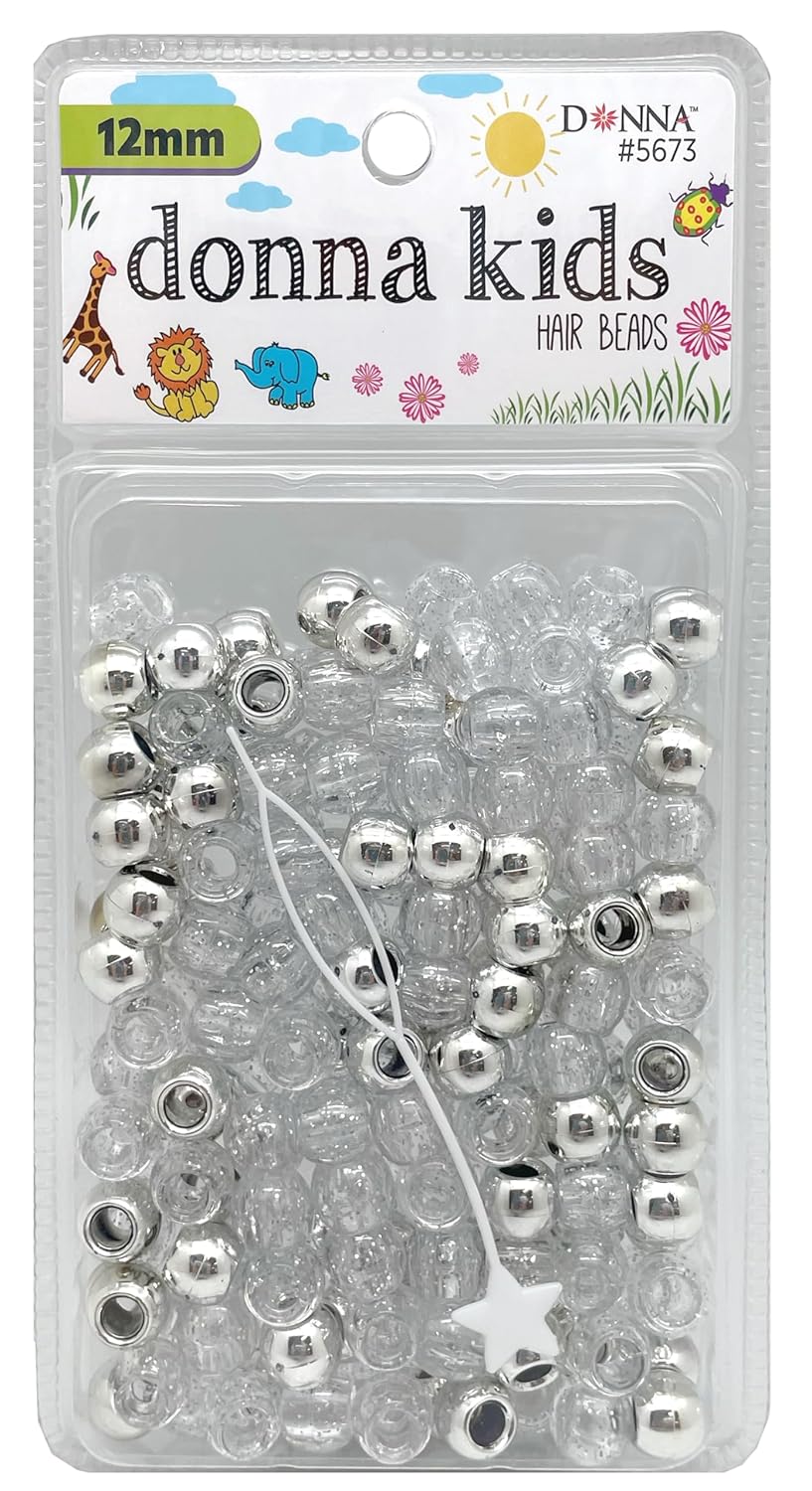 DONNA Kids Hair Beads 12 mm (170 pcs) – Clear Pearl Pony Beads with Threading Tool – Fun Braiding & Craft Accessories for Girls