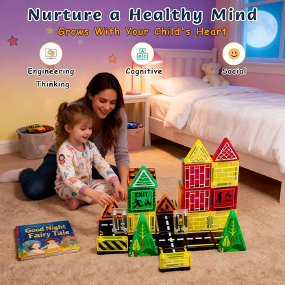 Mini Magnetic Tiles,42PCS Magnetic Building Blocks with Metal Storage Box,STEM Toys for Kids Ages 3+,Sensory Toys for Kids with Autism