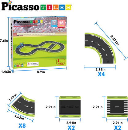 PicassoTiles Magnetic Tiles Race Track Car Thrilling Toy Playset Includes 2 Racing Trucks STEM Educational Magnet Tile Building Block Construction Set for Toddlers Boys Girls Ages 3 and Older PTR30