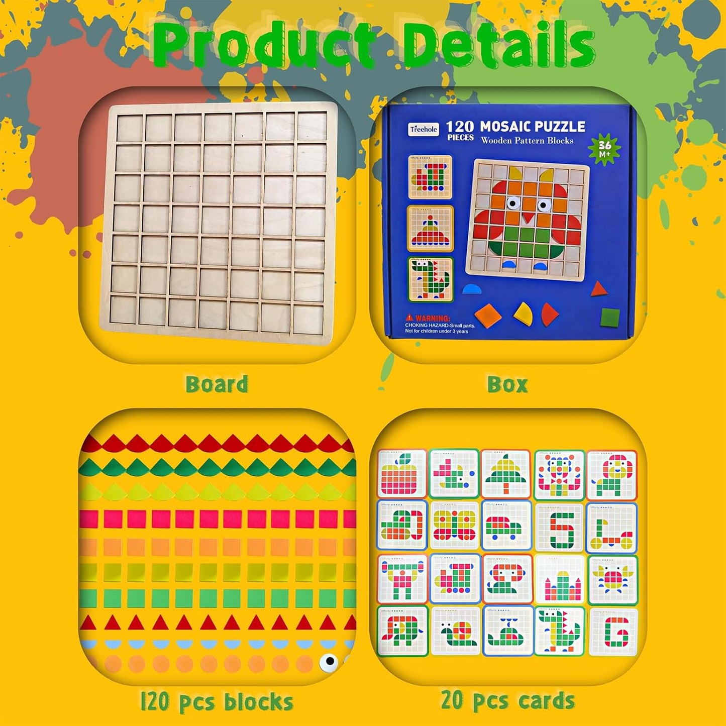 Wooden Pattern Blocks Set 120 Pcs Geometric Shapes Puzzle Classic Montessori Educational Tangram Toys with 24 Design Cards for 4-8 Year Old Kids