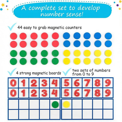 70 PCS Magnetic Ten Frames - Math Manipulatives for Elementary Classroom & Kindergarten - 4 Ten Frames & 44 Math Counters for Kids, Math Games for Kindergarten - Jumbo Magnetic Ten Frame Set