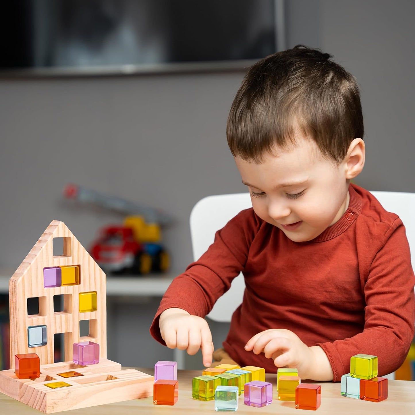 Woodtoe Wooden Building Blocks Set for Kids, 36 PCS Rainbow Acrylic Gem Blocks - 3 Wood House, Montessori Stacking Toy for Toddlers, Educational STEM Birthday Creative Toy Gift for Boys Girls 3-6