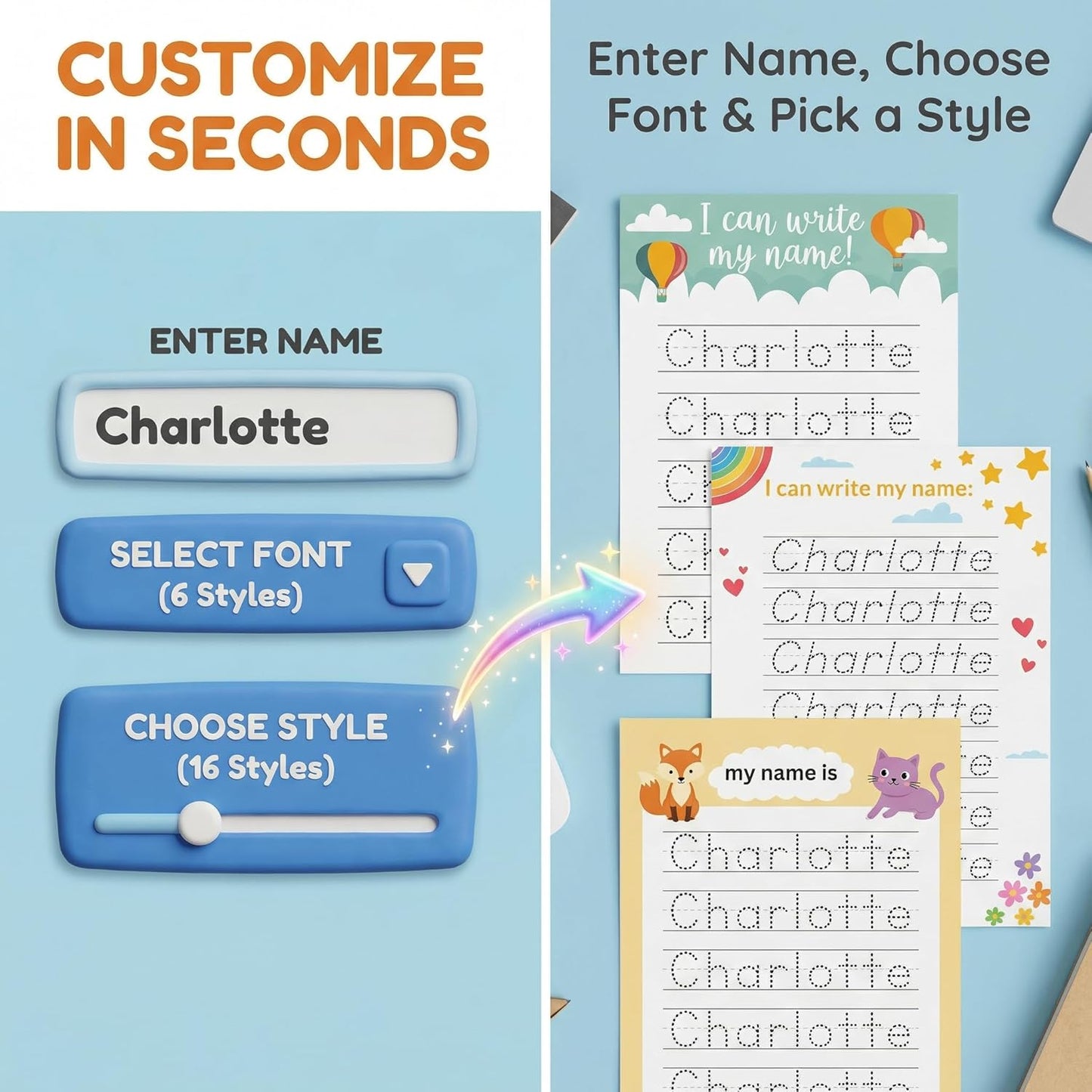 Personalized Name Tracing Worksheet for Kids – Custom Handwriting Practice Paper, Letter Tracing Sheet for Preschool & Kindergarten Learning Gift, Reusable Dry-Erase Board Option Available