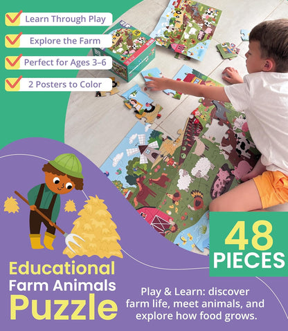 Floor Puzzles for Kids Ages 3-5 4-6 Educational 48 Piece Farm Animals with 2 Giant Coloring Posters Preschool Learning Toy Tractors Tools Barnyard Animals Screen Free Family Playtime